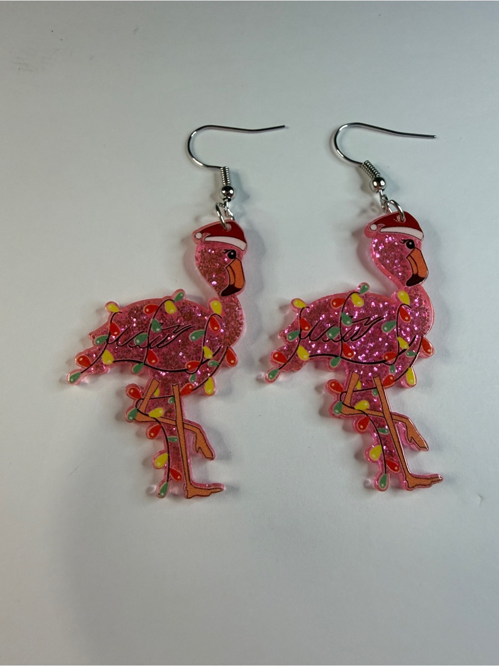 Christmas Flamingo Dangle Earrings Pink Glitter Holiday Lights Santa Hat